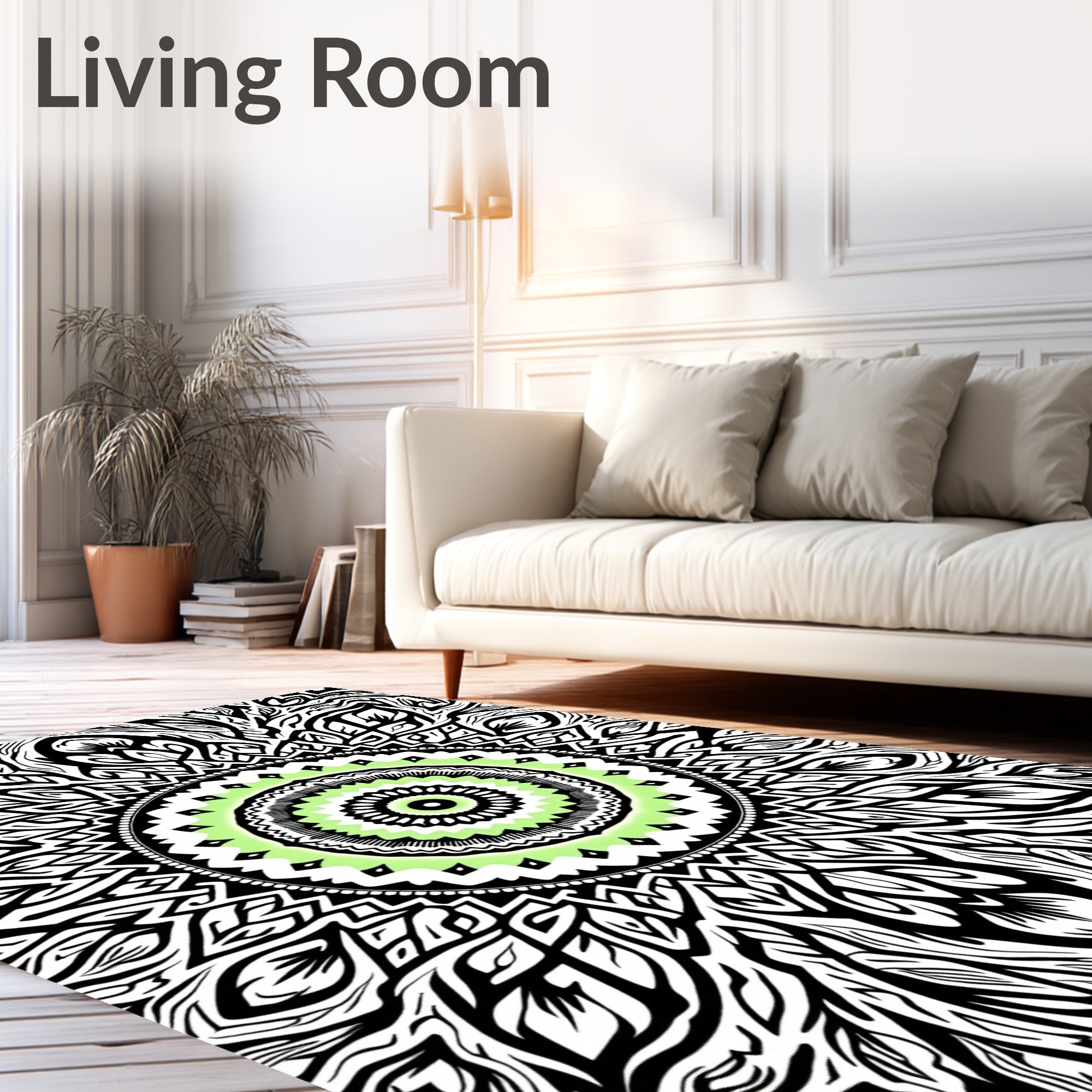 Fractal Lime Green Black Concentric Mandala Rug
