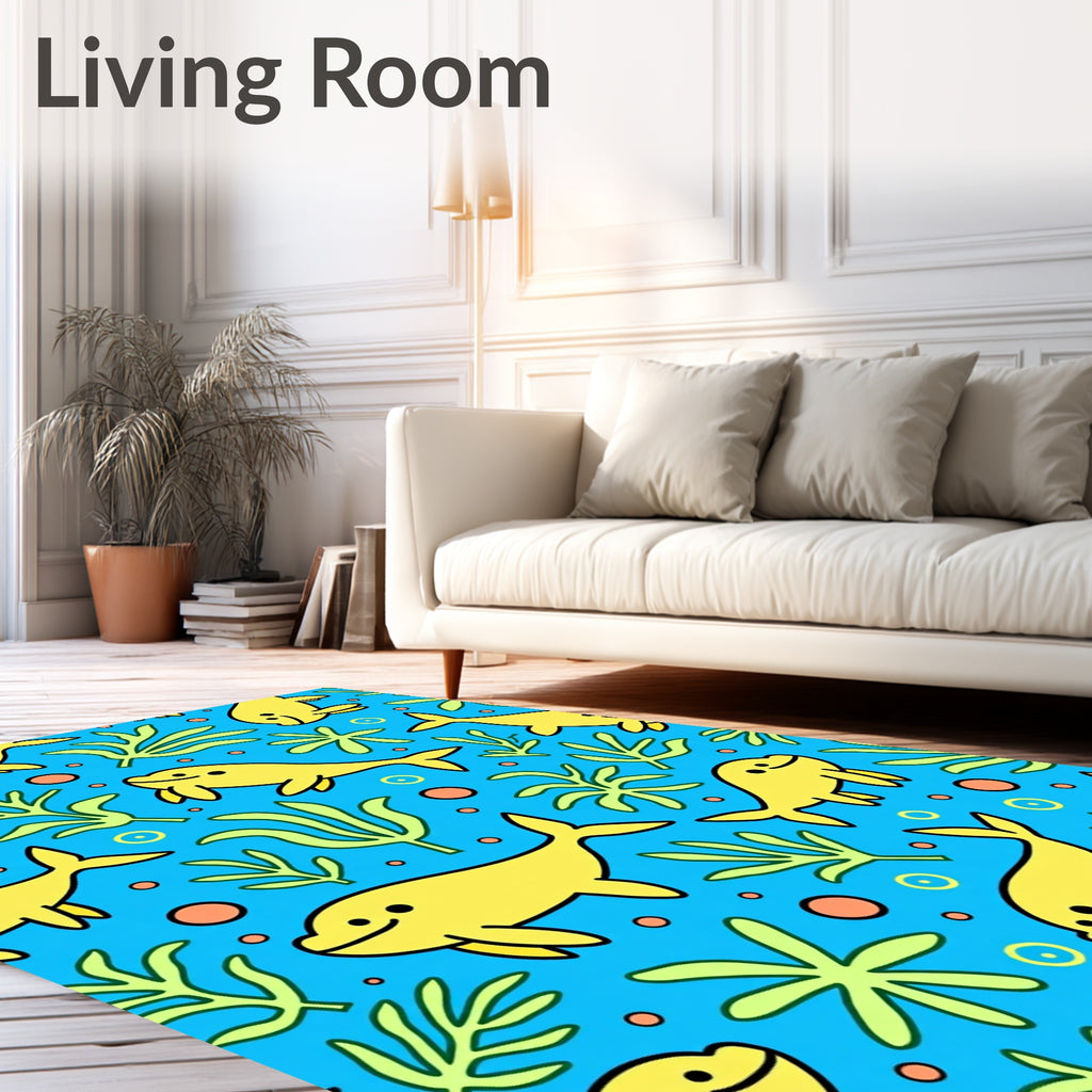 Whimsical Yellow Dolphins Ocean Floor Rug