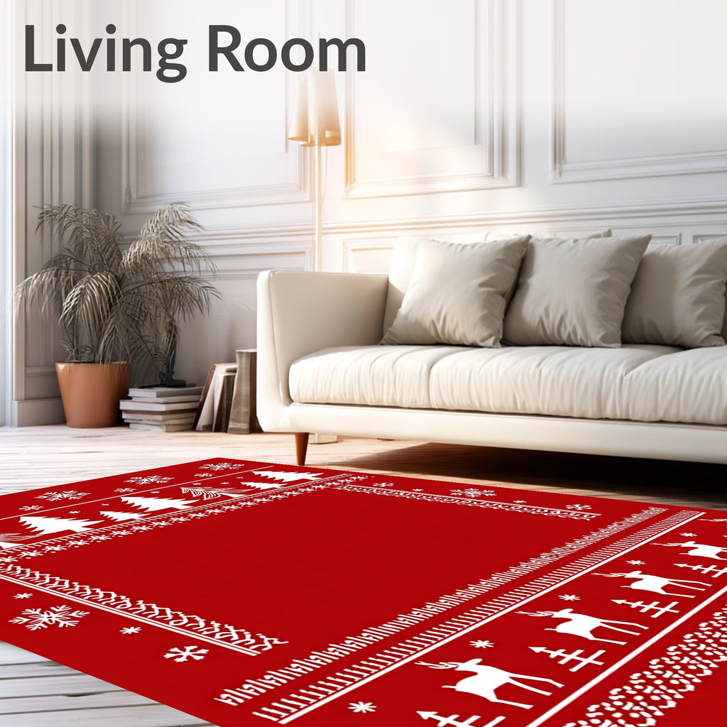 Winter Red Snowflake Tree Reindeer Rug