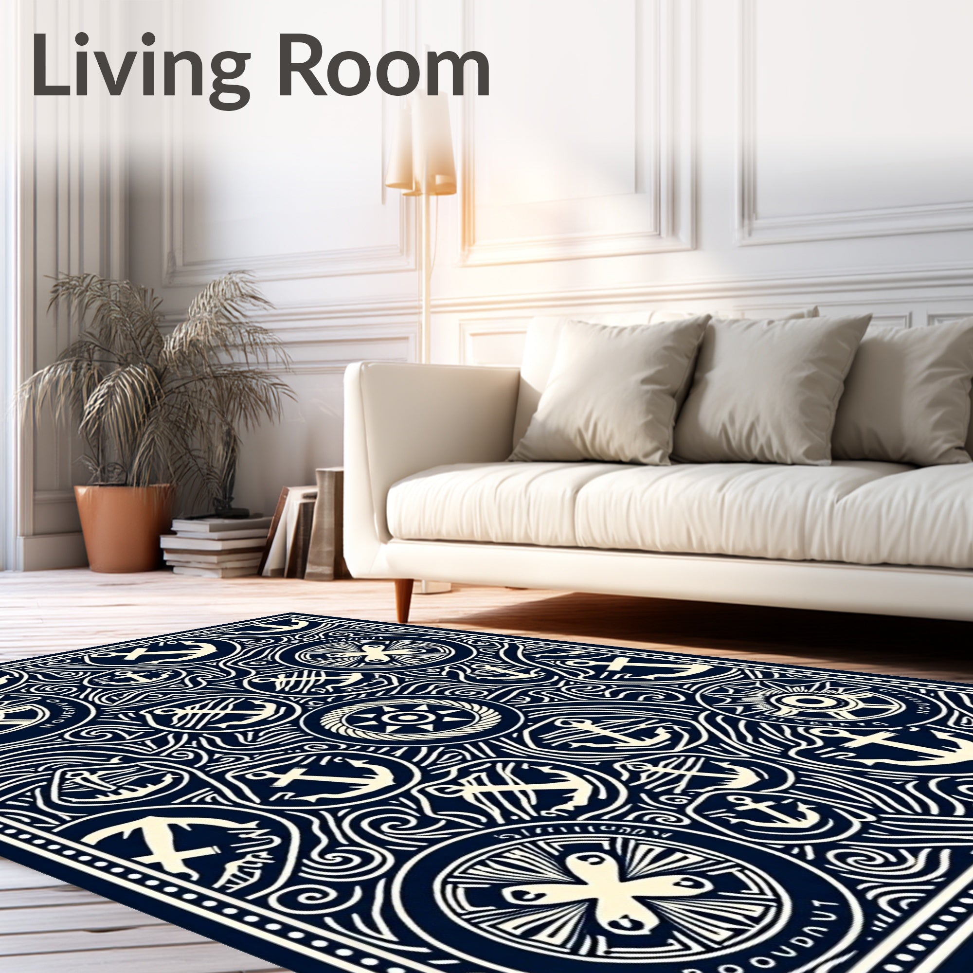 Navy Blue Nautical Anchor Medallion Collage Rug