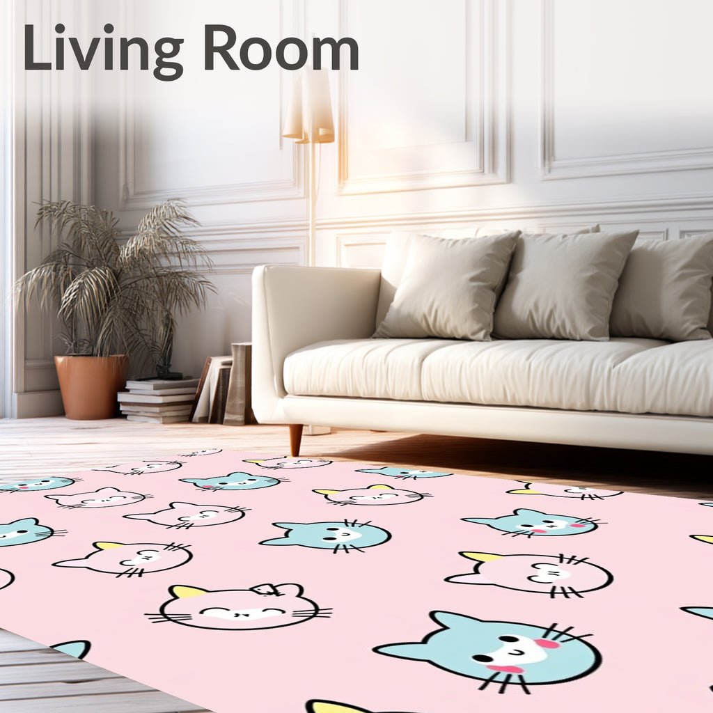 Pink Blue Kawaii Kitty Faces Rug