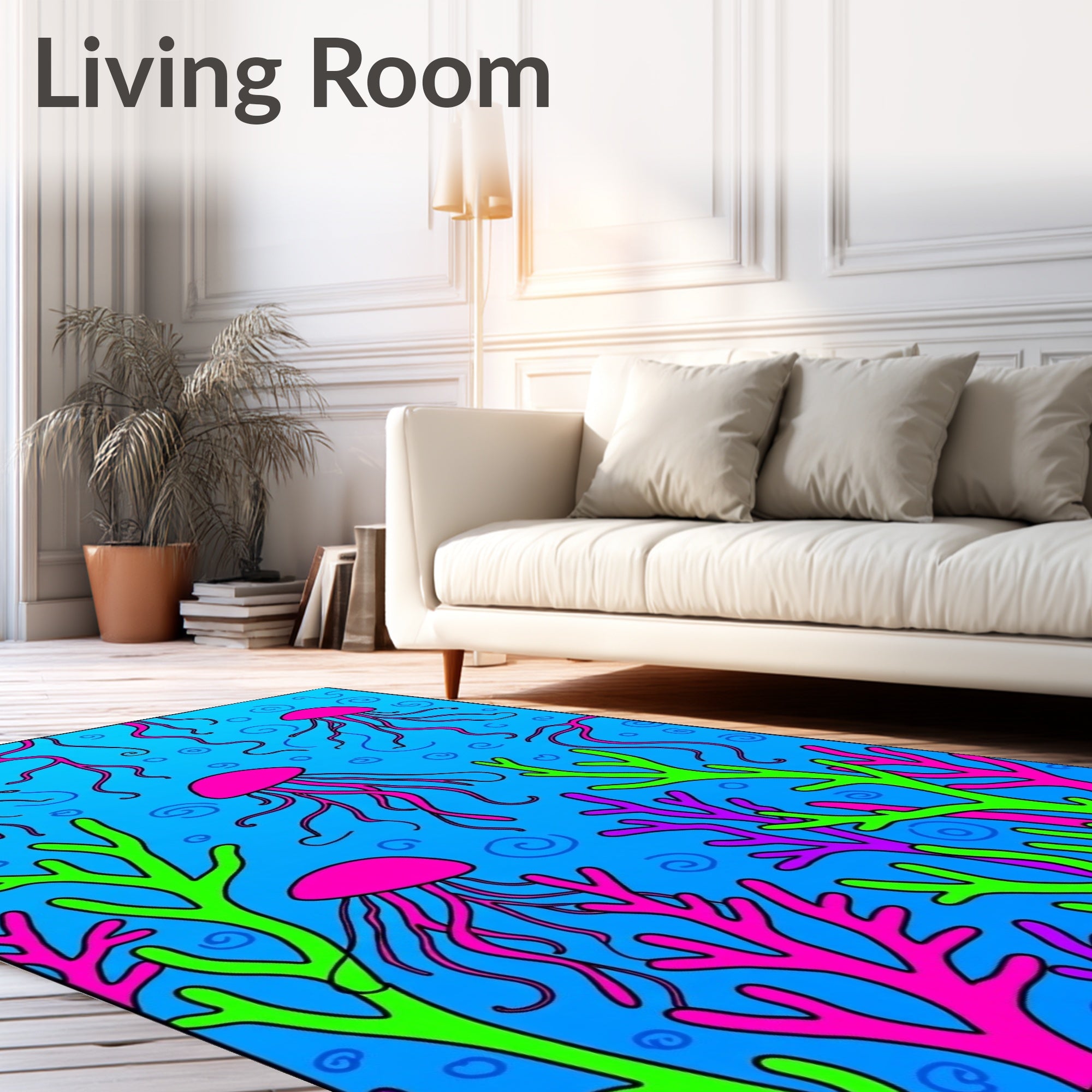 Vibrant Pink Jellyfish Blue Coral Swirls Rug