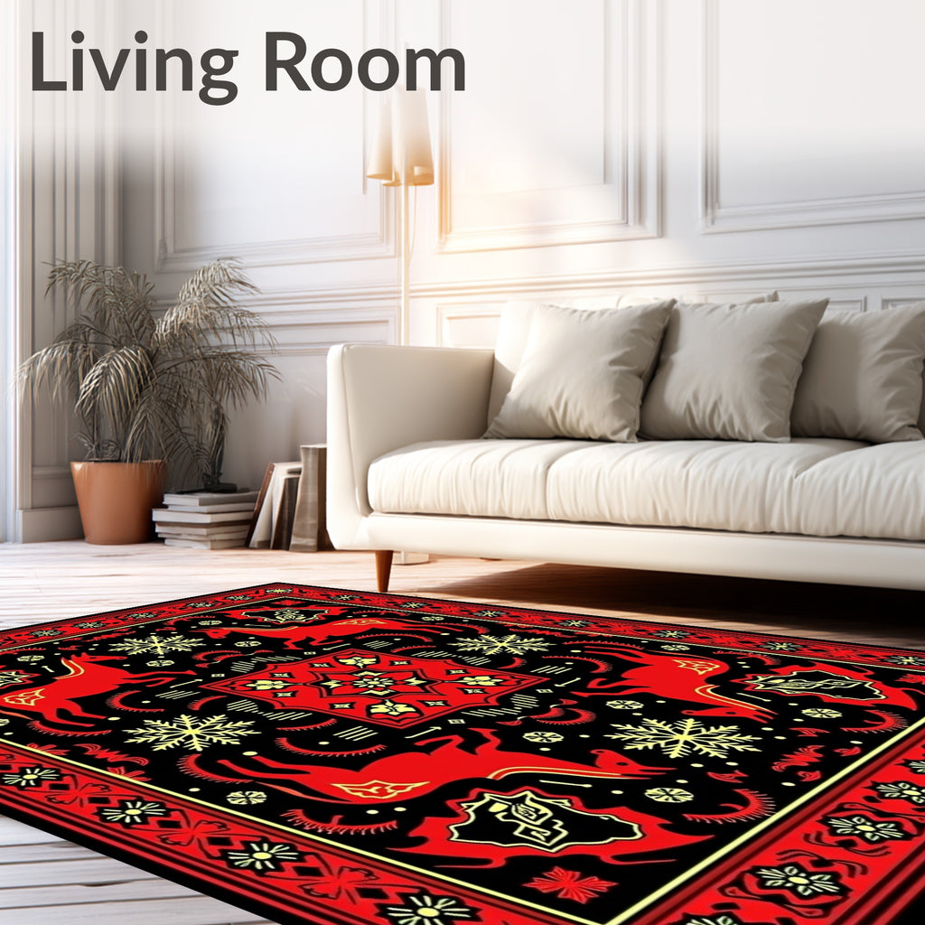 Red Yellow Horse Snow Flake Border Rug
