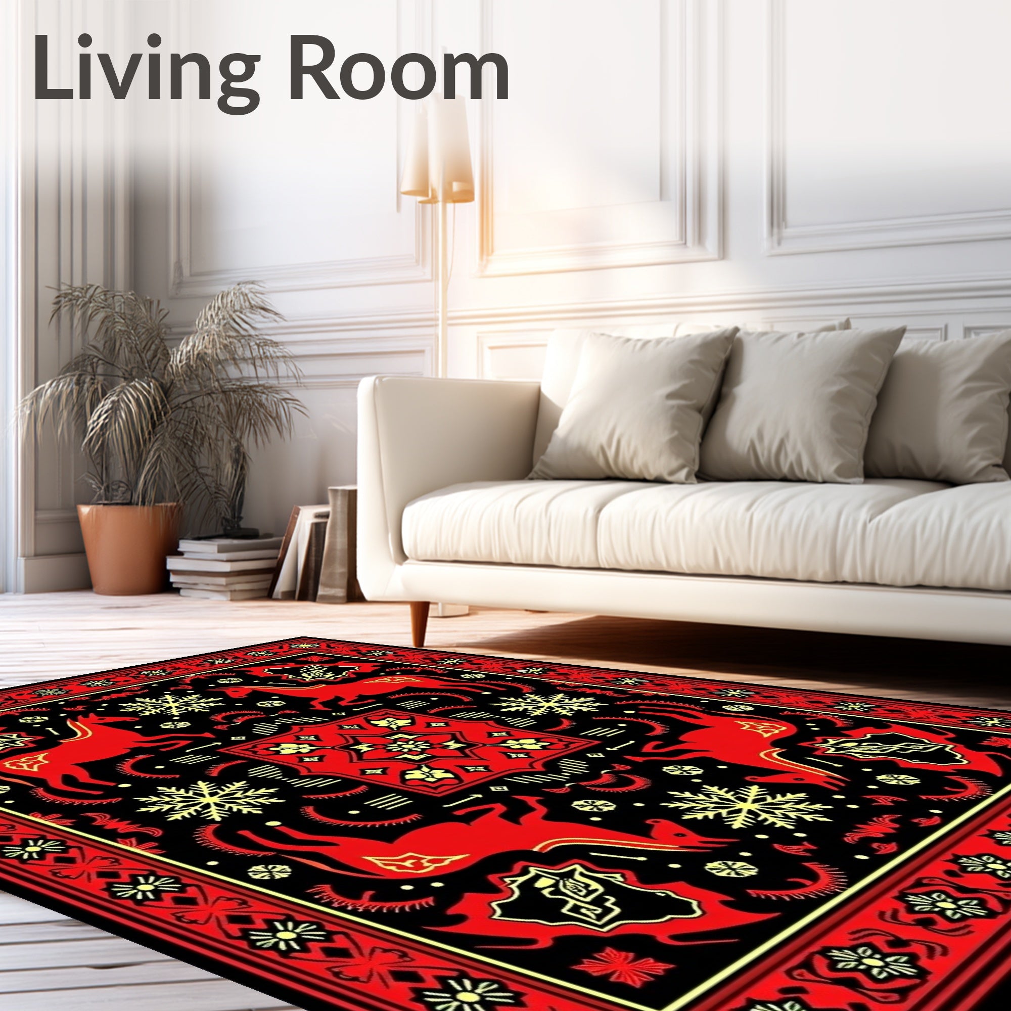Red Yellow Horse Snow Flake Border Rug