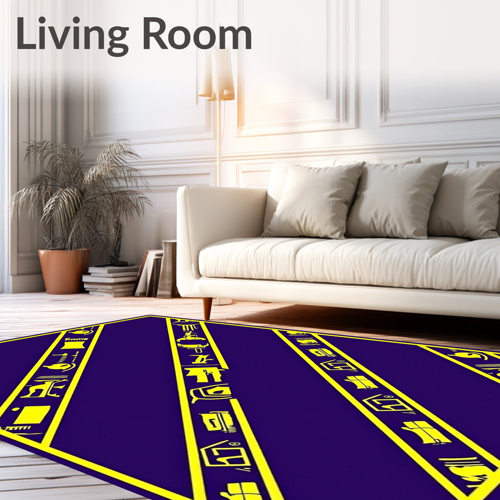 Golden Hieroglyph Stripes on Purple Rug