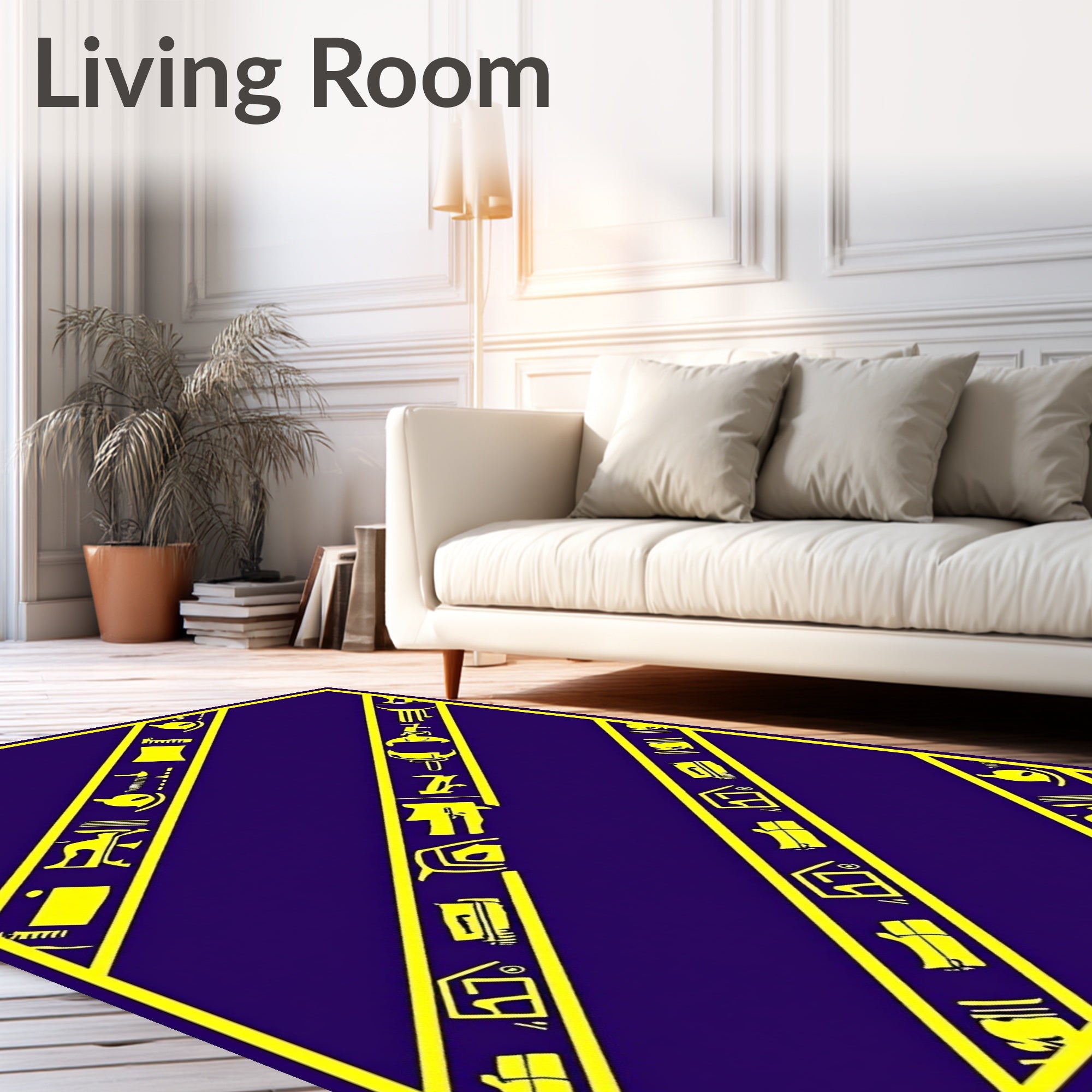 Golden Hieroglyph Stripes on Purple Rug