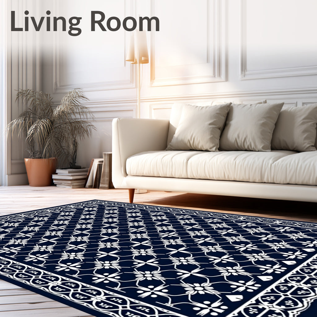 Navy White Floral Lattice Border Rug
