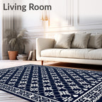 Navy White Floral Lattice Border Rug