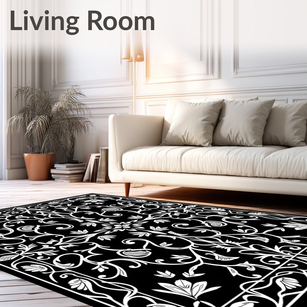 White Floral Arabesque Black Rug