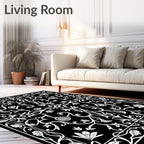 White Floral Arabesque Black Rug