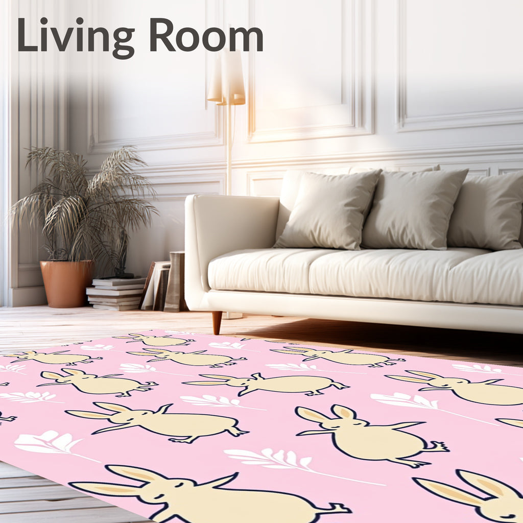 Pastel Pink Dancing Bunny Floral Rug