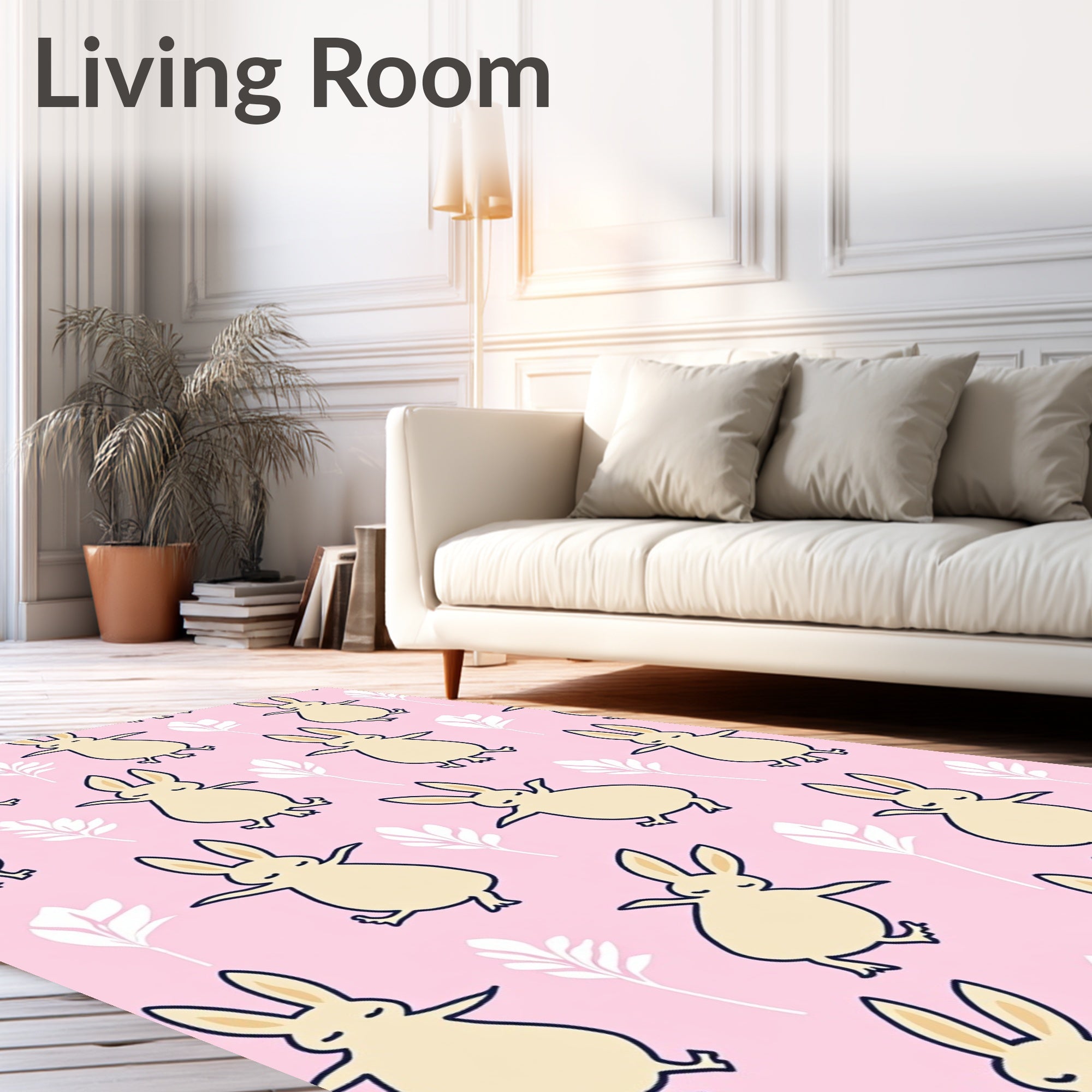 Pastel Pink Dancing Bunny Floral Rug
