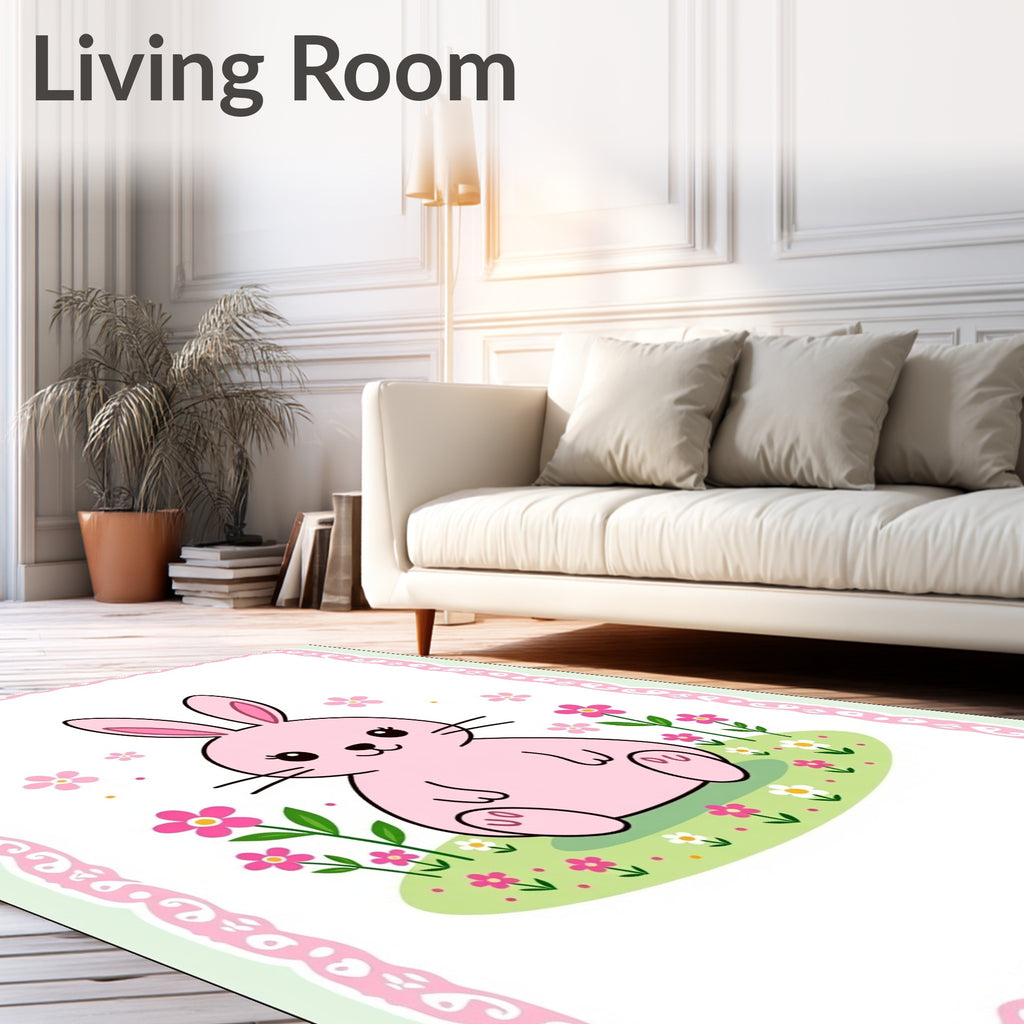 Pink Bunny With Flowers On Grass Rug