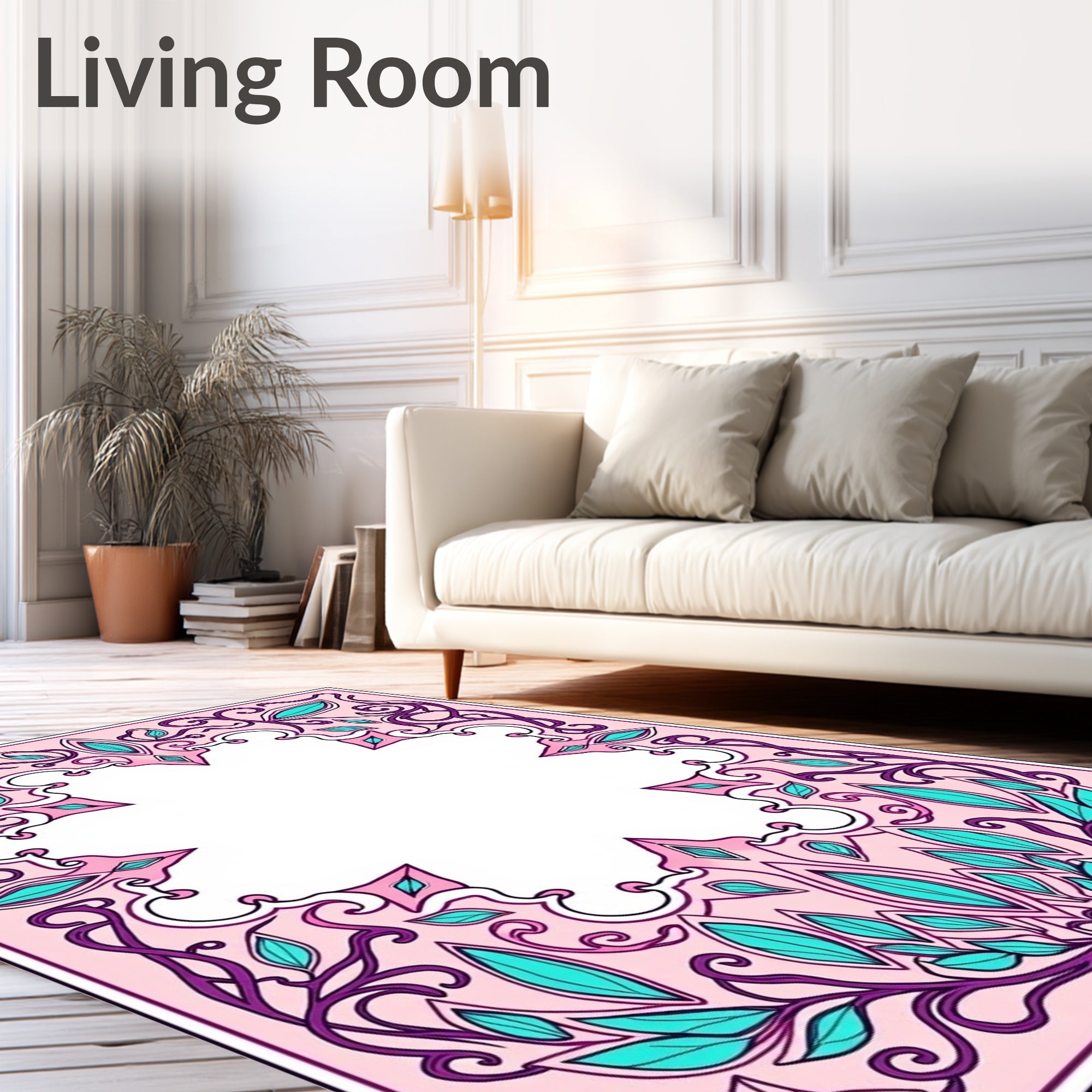 Whimsical Purple Teal Floral Frame Rug