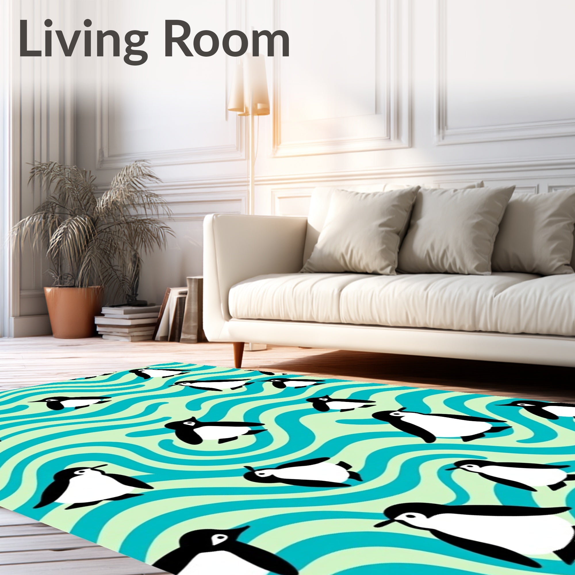 Playful Penguins on Teal Waves Rug