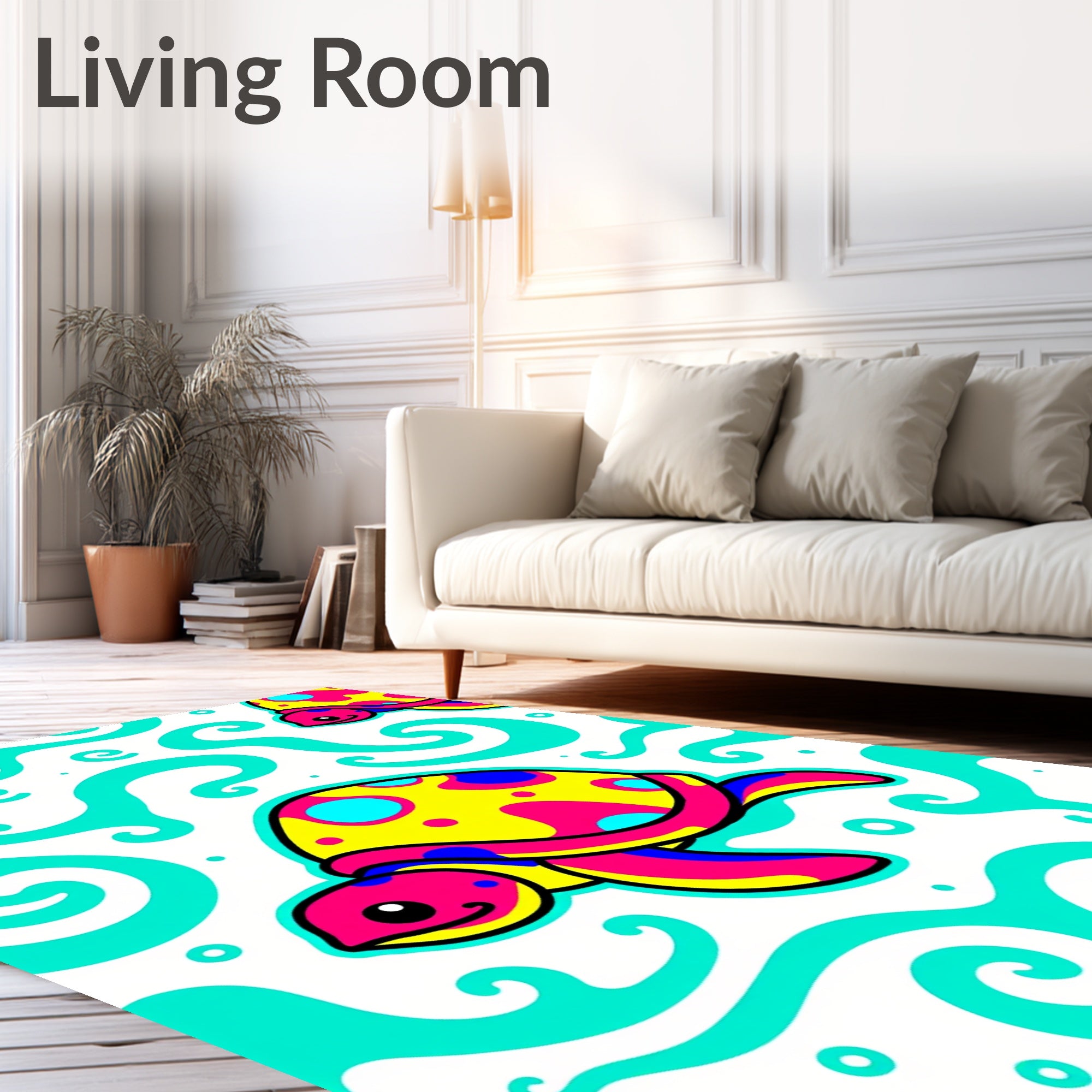 Bright Yellow Pink Sea Turtle Swirls Rug