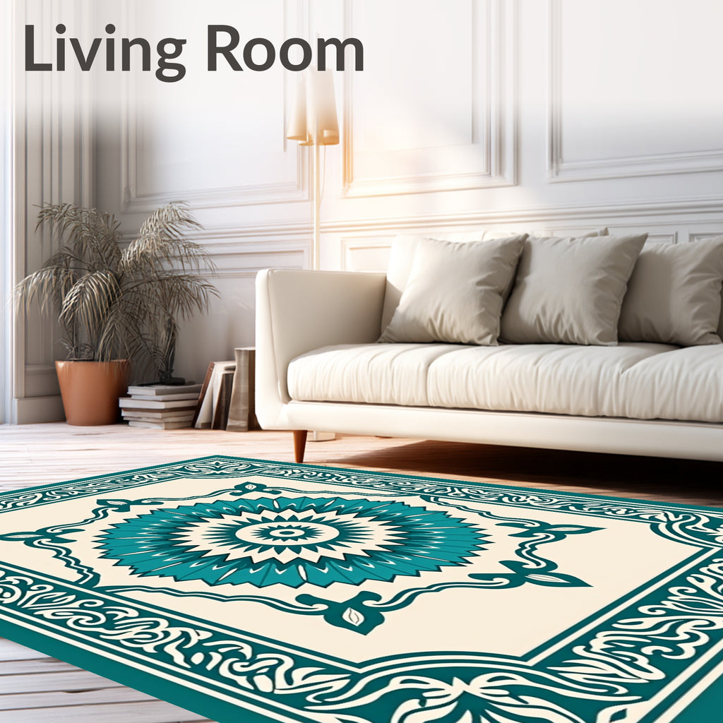 Teal Medallion Bordered Cream Rug