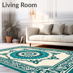 Teal Medallion Bordered Cream Rug