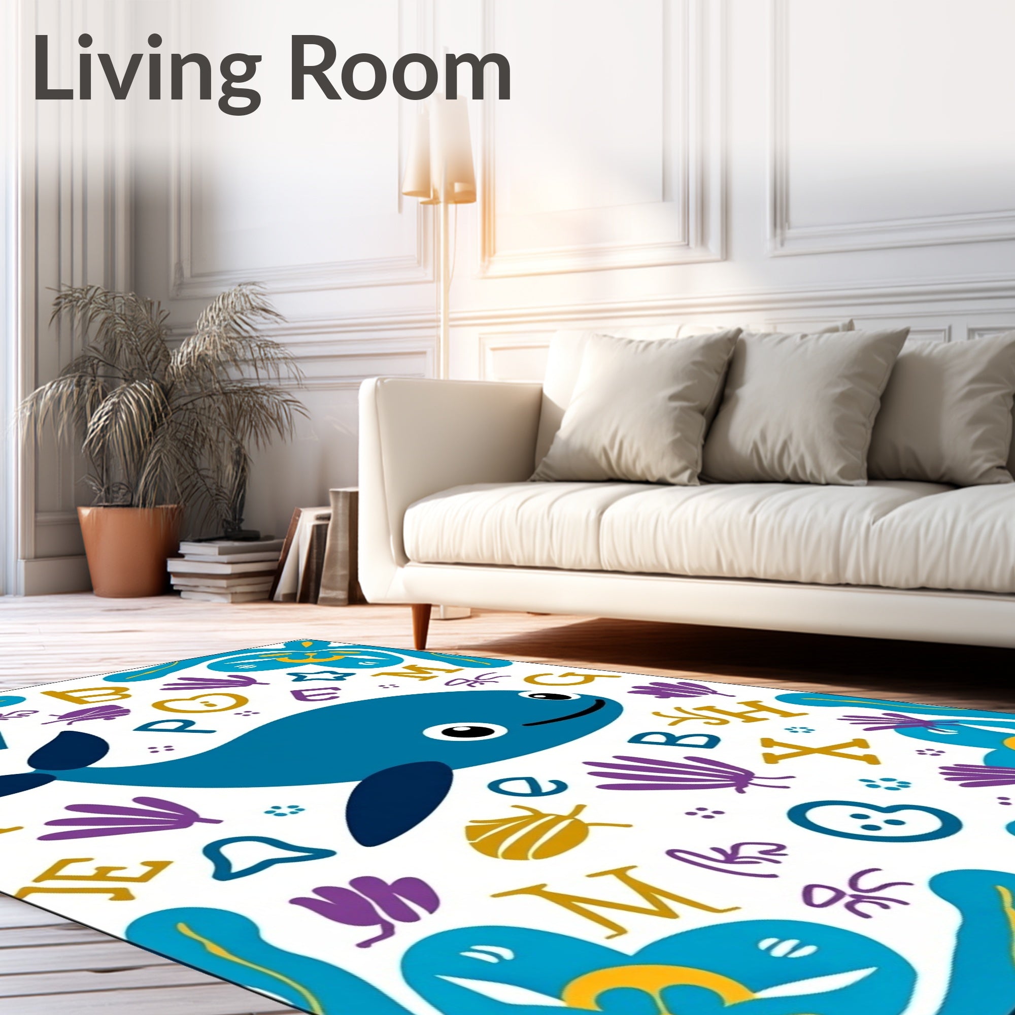 Whimsical Blue Whale Alphabet Ocean Rug