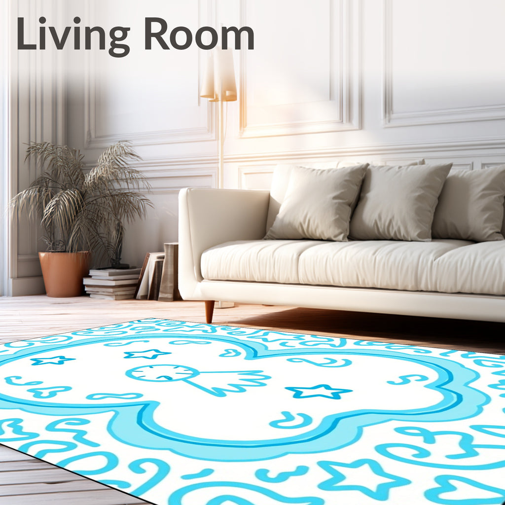 Playful Aqua Stars Swirls Rug