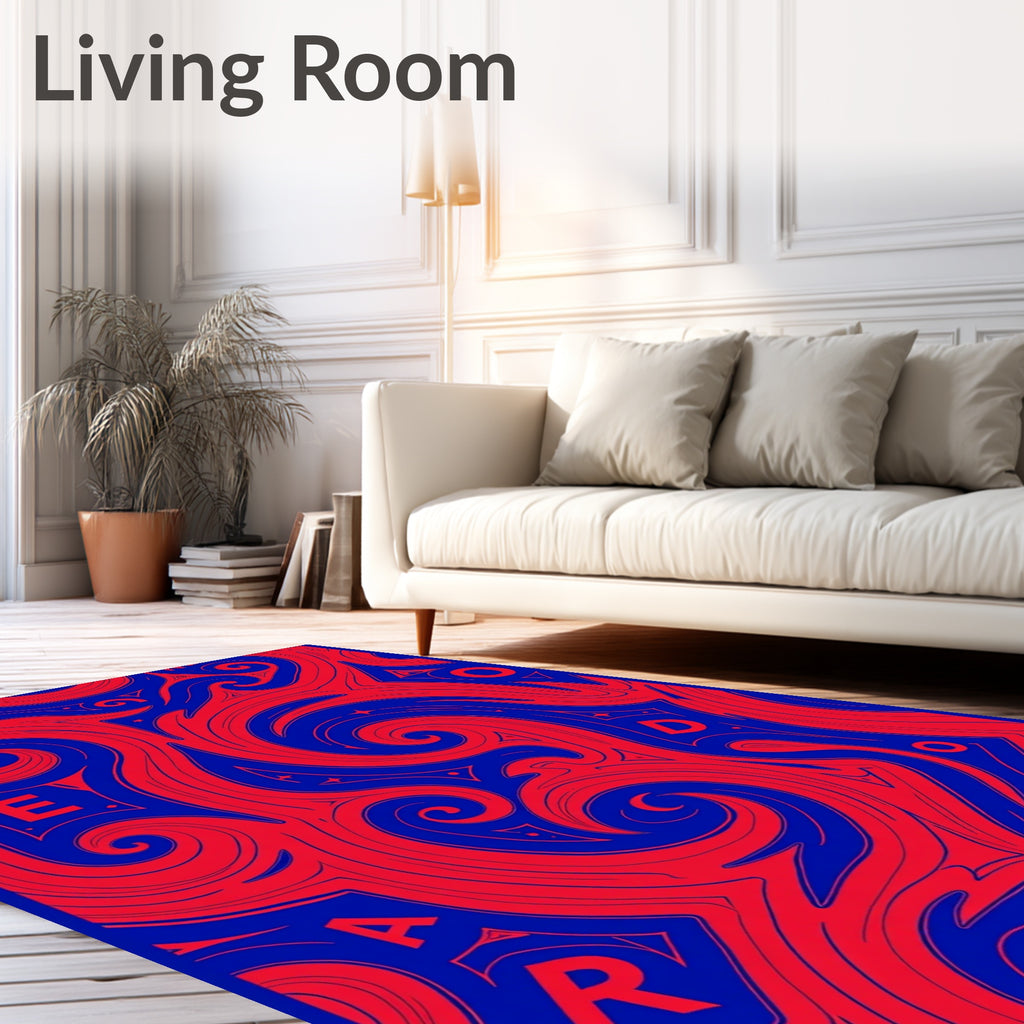 Vivid Red Swirls on Royal Blue Rug