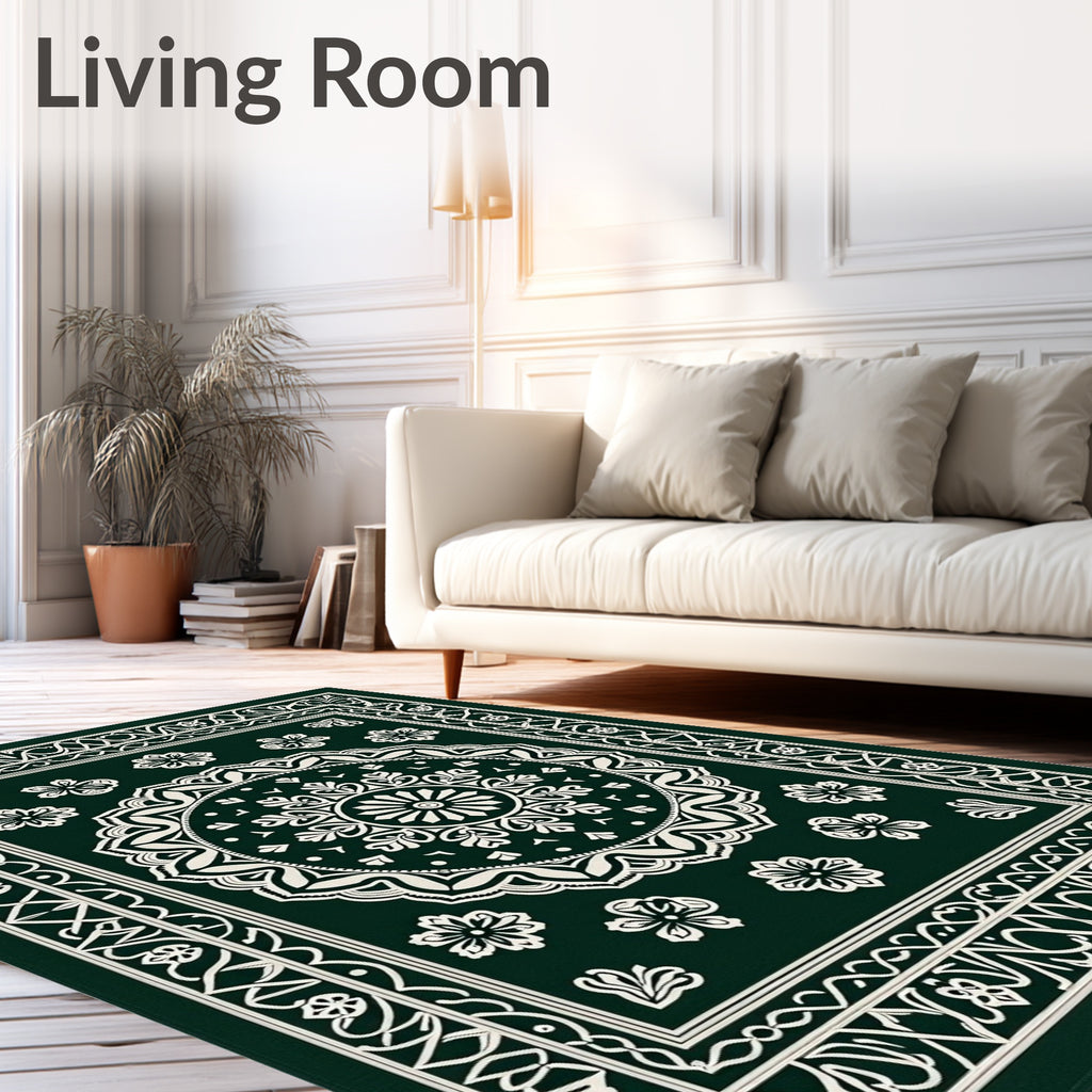 Deep Green Medallion Floral Border Rug
