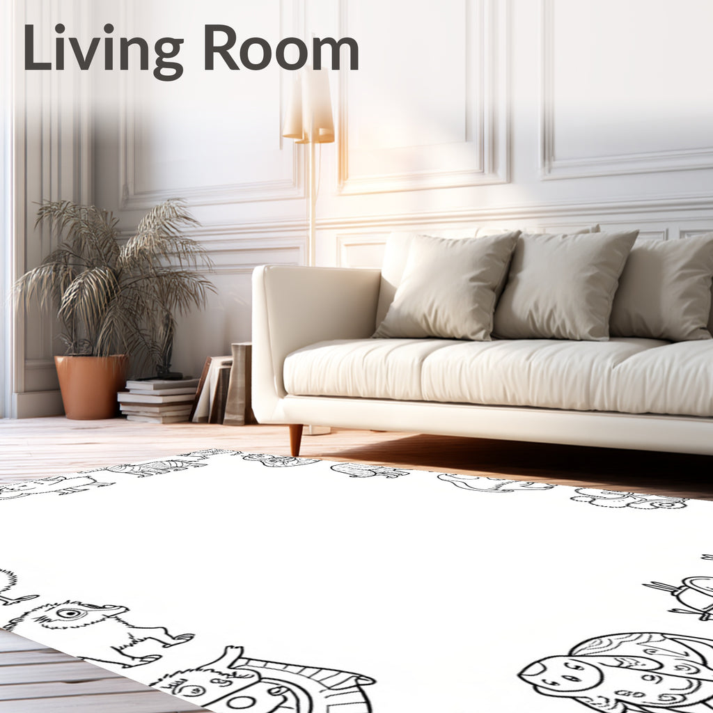 Whimsical Creature Border Monochrome Illustration Rug