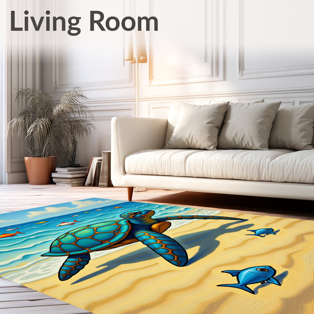 Coastal Turtle With Blue Fish Ocean Scene Rug