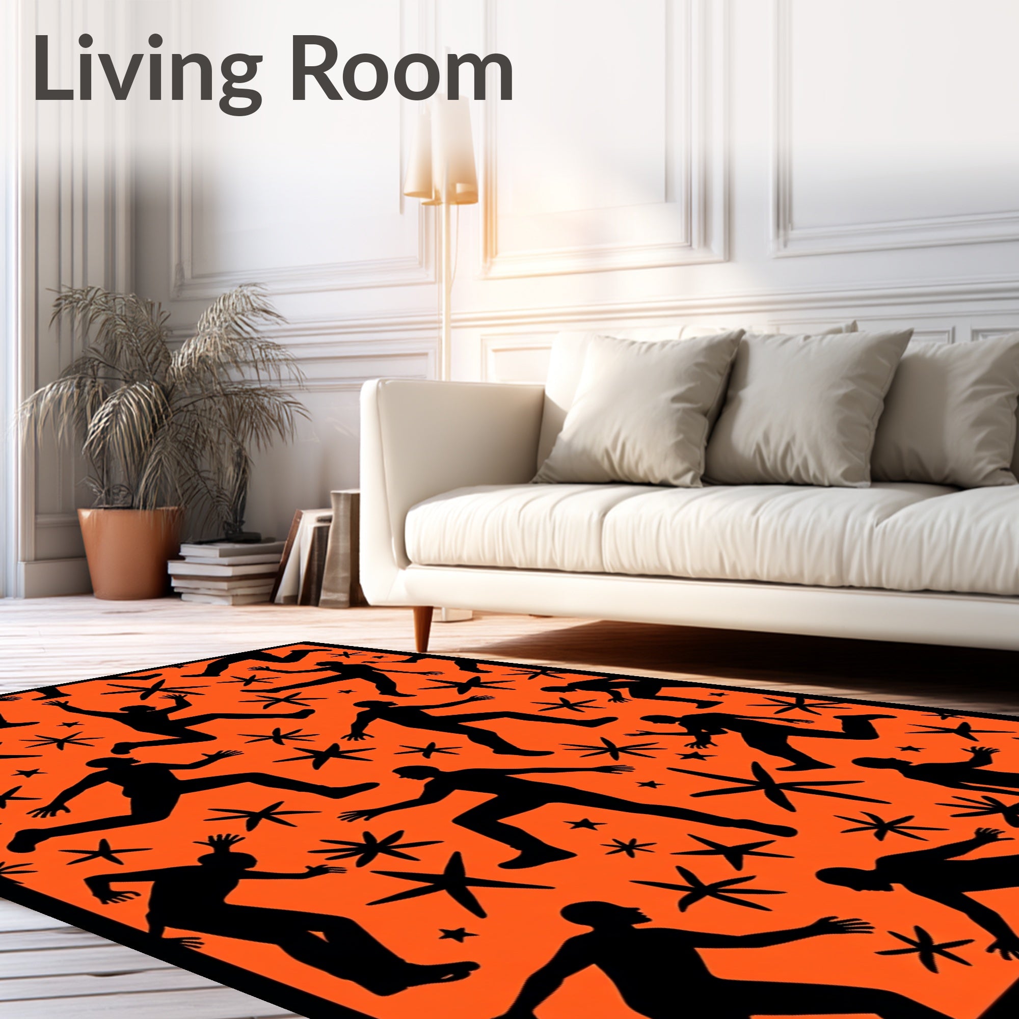 Orange Black Silhouette Figures Starbursts Rug