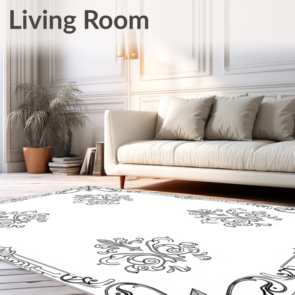 Elegant Black White Scroll Medallion Border Rug