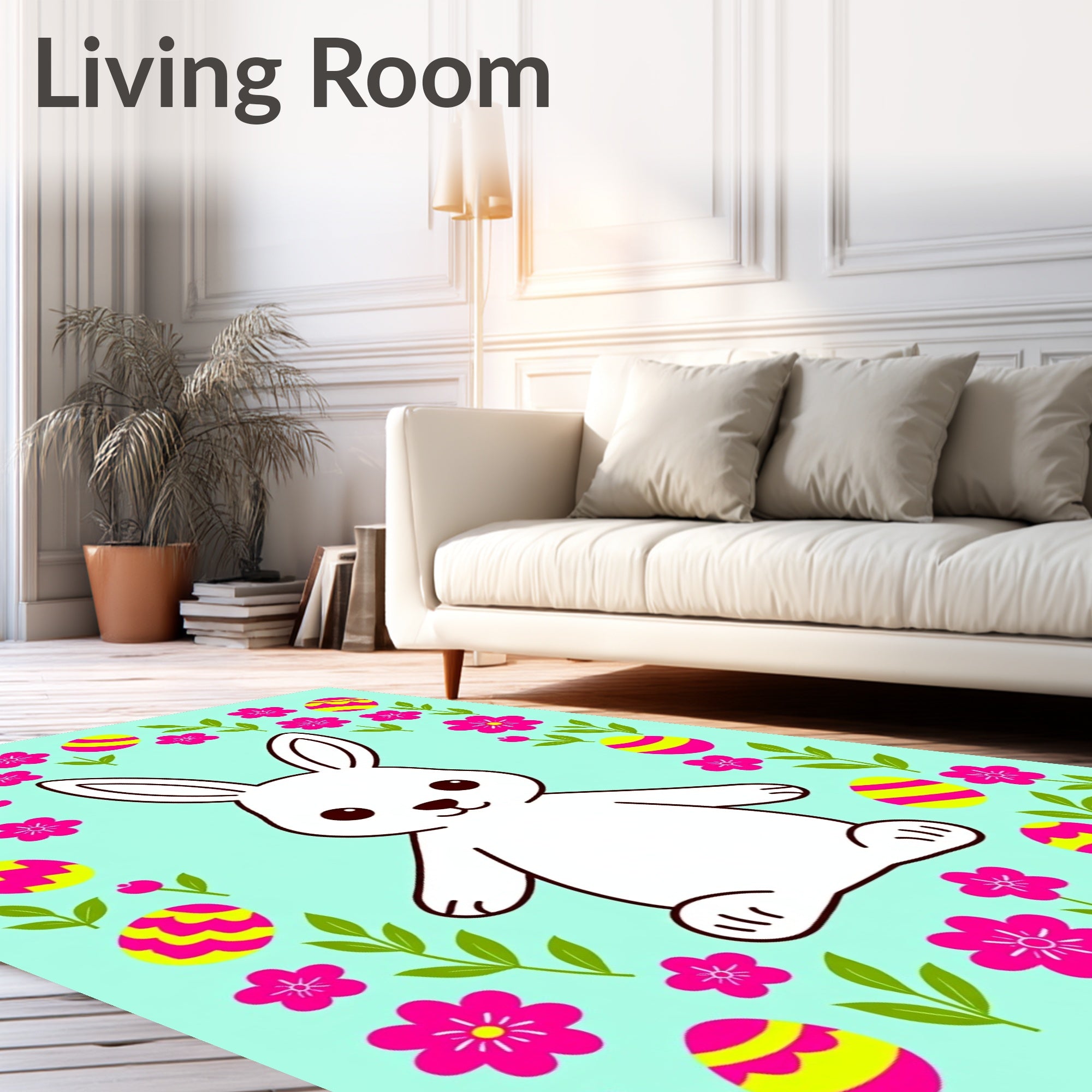 Whimsical Pink Floral Easter Bunny Eggs Rug