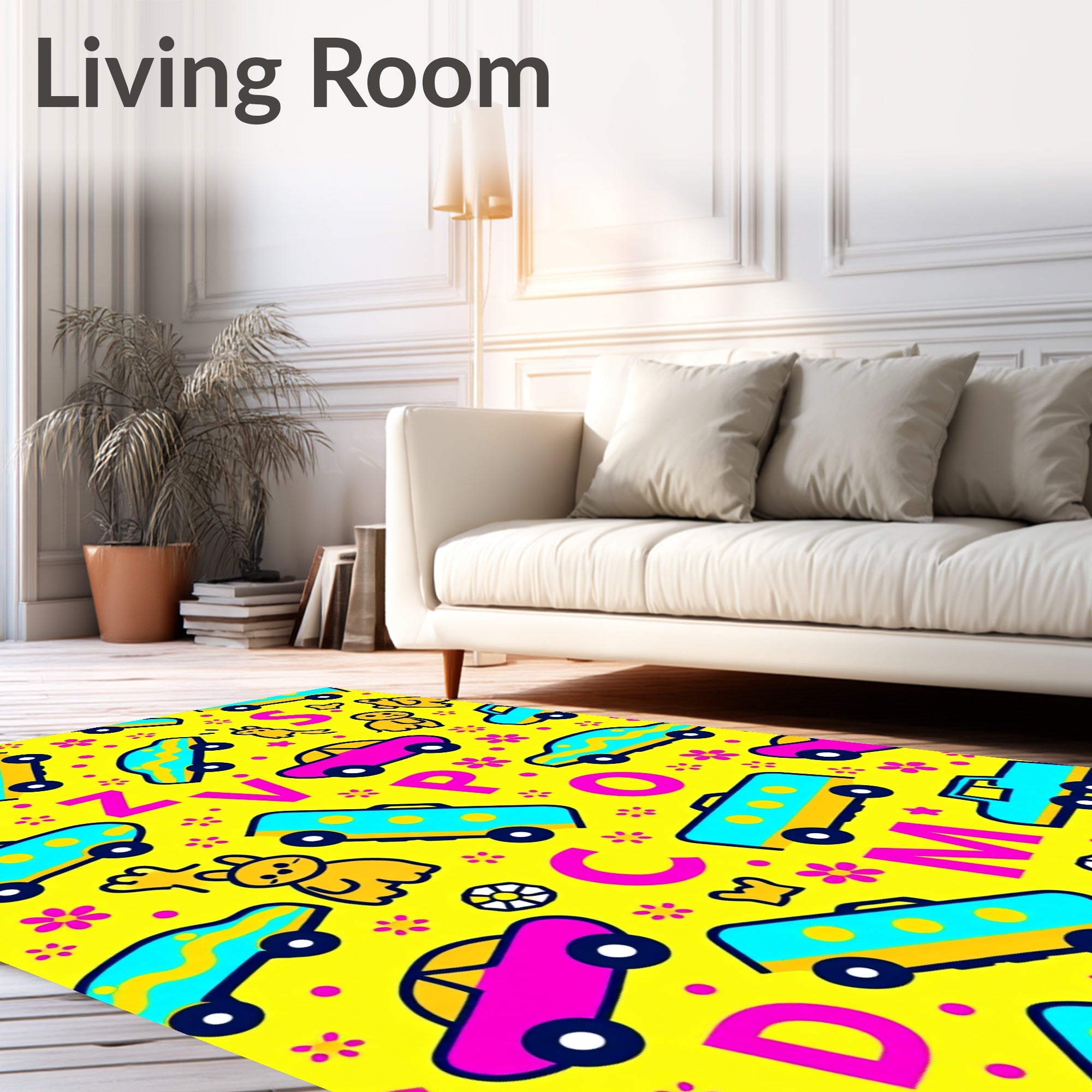 Bright Yellow Cars and Letters Rug