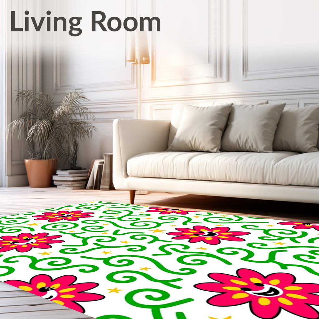 Whimsical Pink Flower Star Swirl Rug