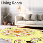 Whimsical Yellow Daisy Bee Mandala Rug