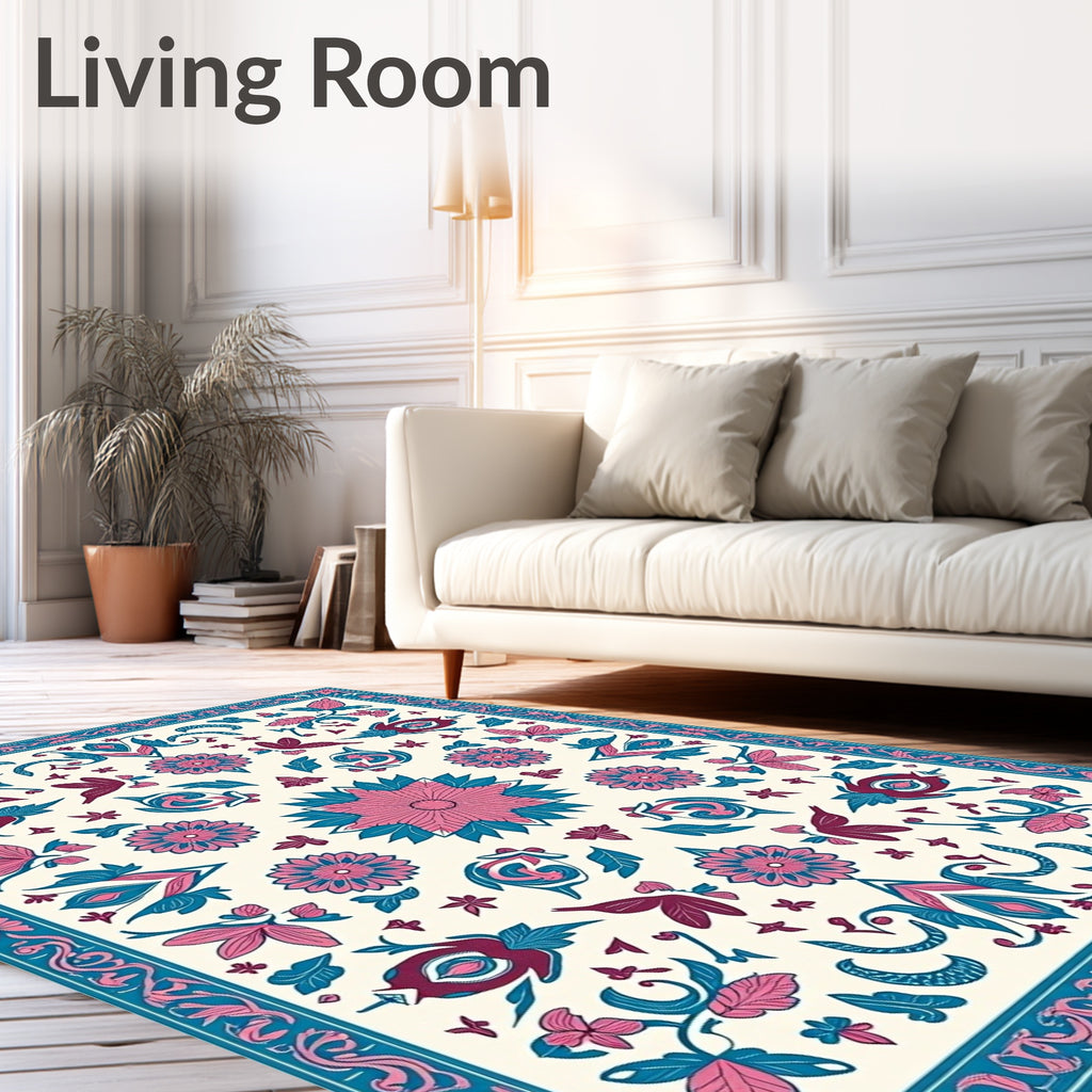 Vintage Pink Teal Floral Garden Rug