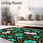 Mint Floral Cats Black Whimsical Garden Rug