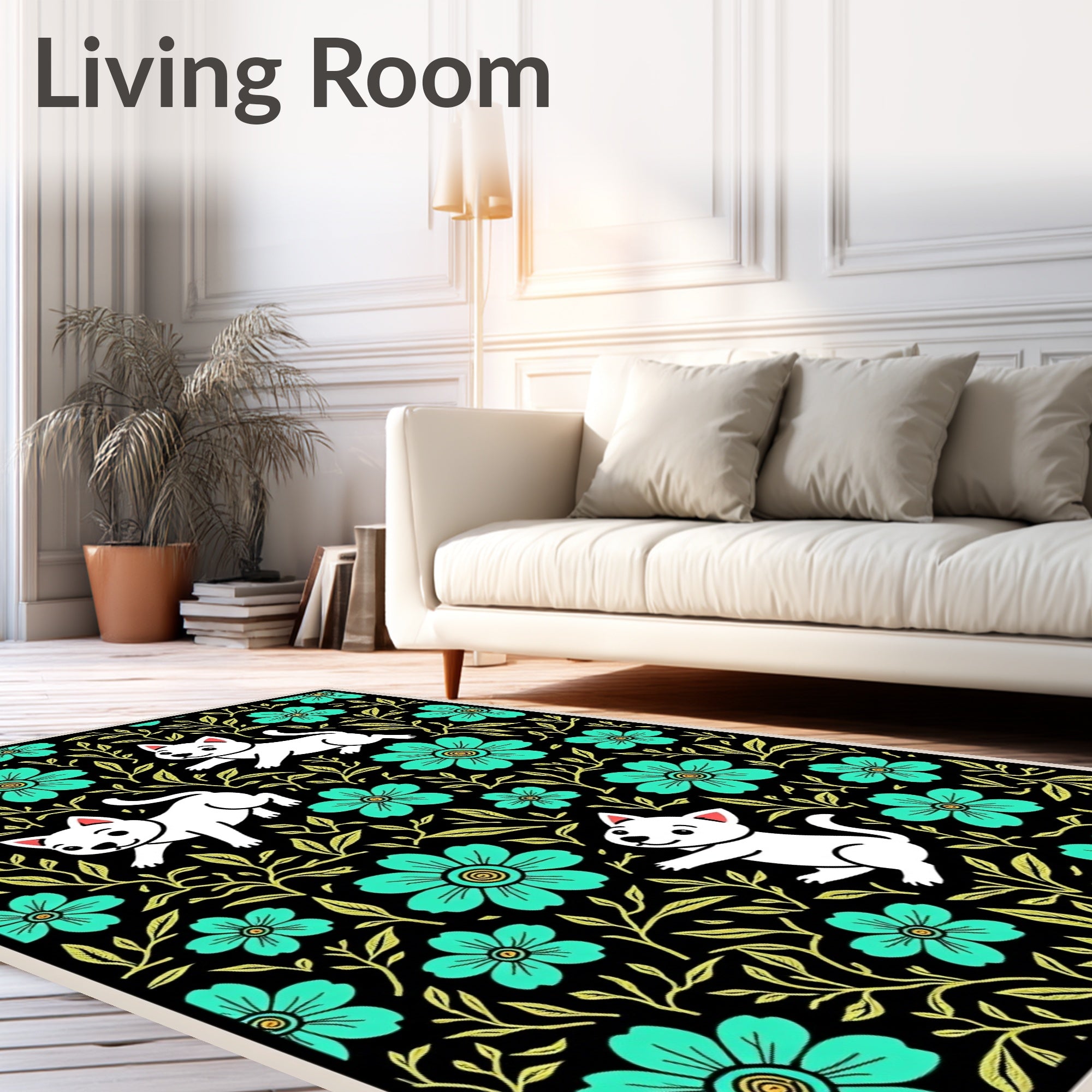 Mint Floral Cats Black Whimsical Garden Rug