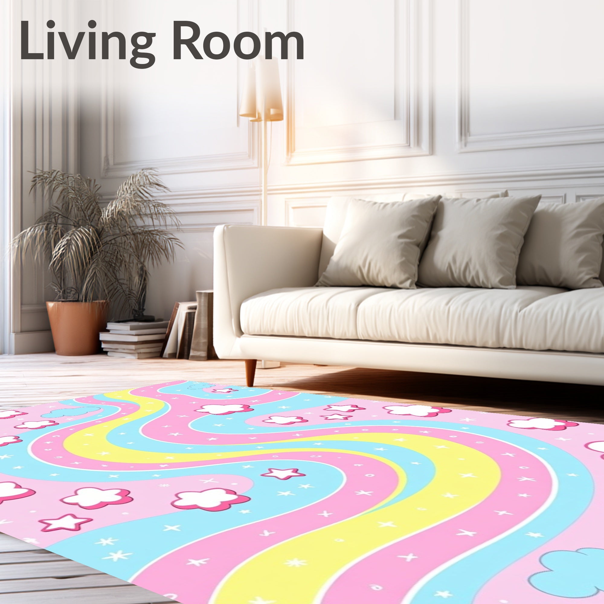 Pink Pastel Rainbow Swirl Clouds Stars Rug