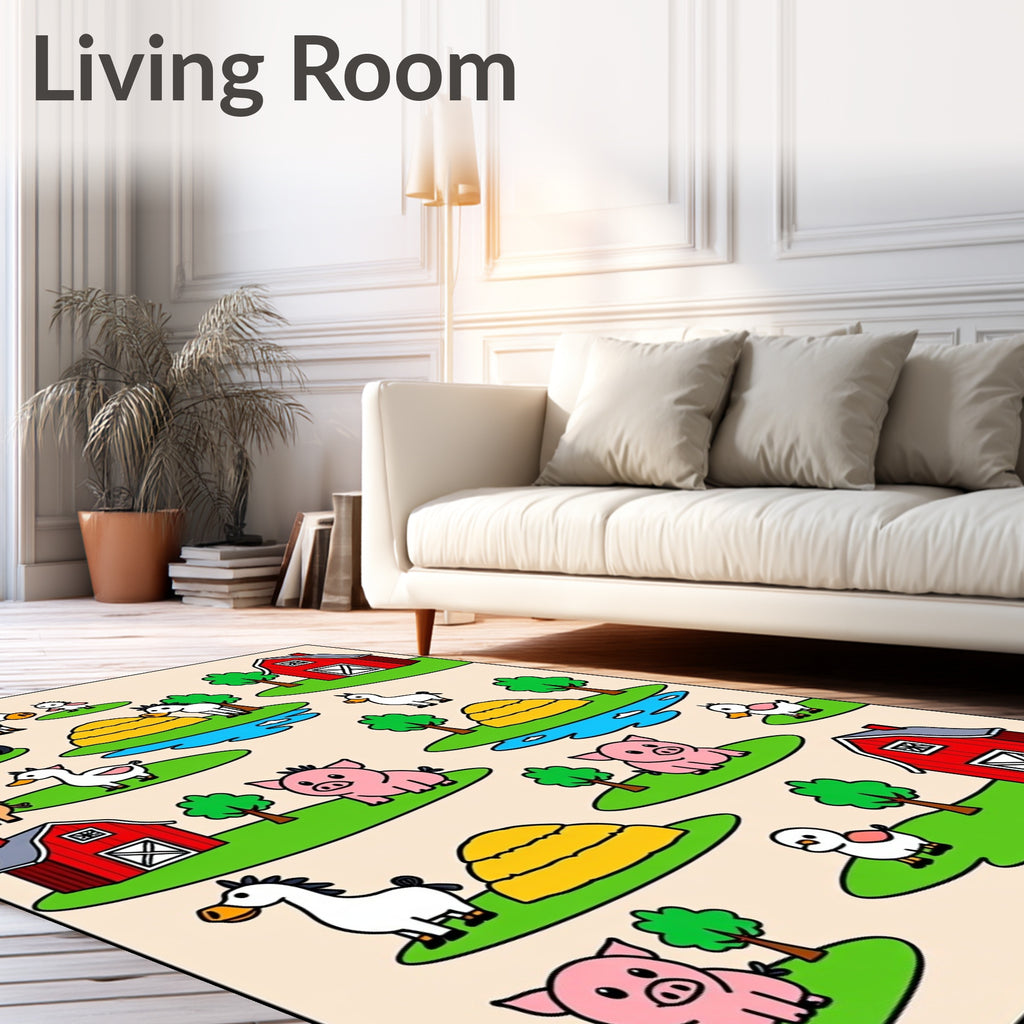 Farm Animals Red Barn Haystacks Tractor Rug