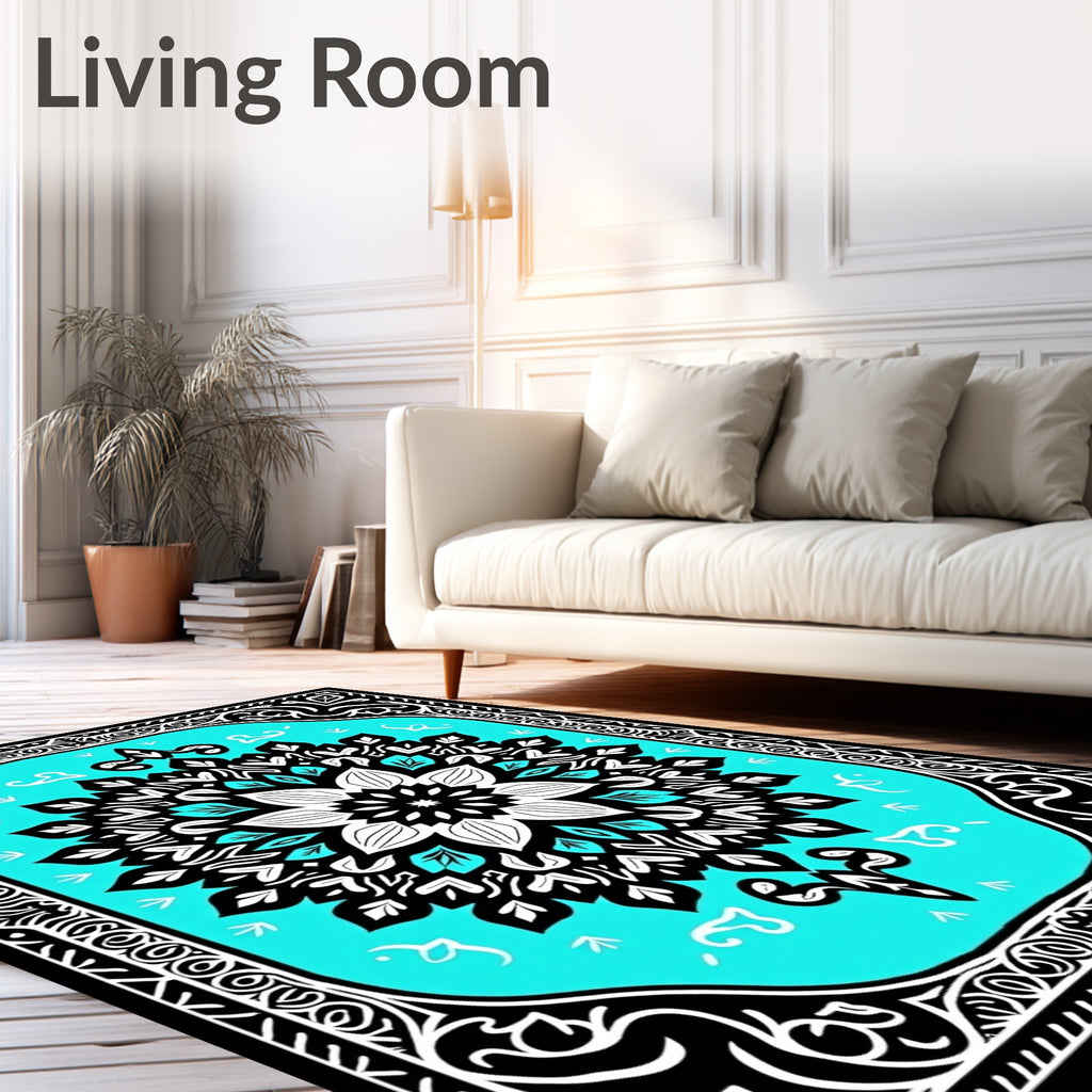 Vibrant Teal Floral Mandala Rug