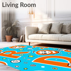 Playful Orange Characters Blue Whimsical Field Rug