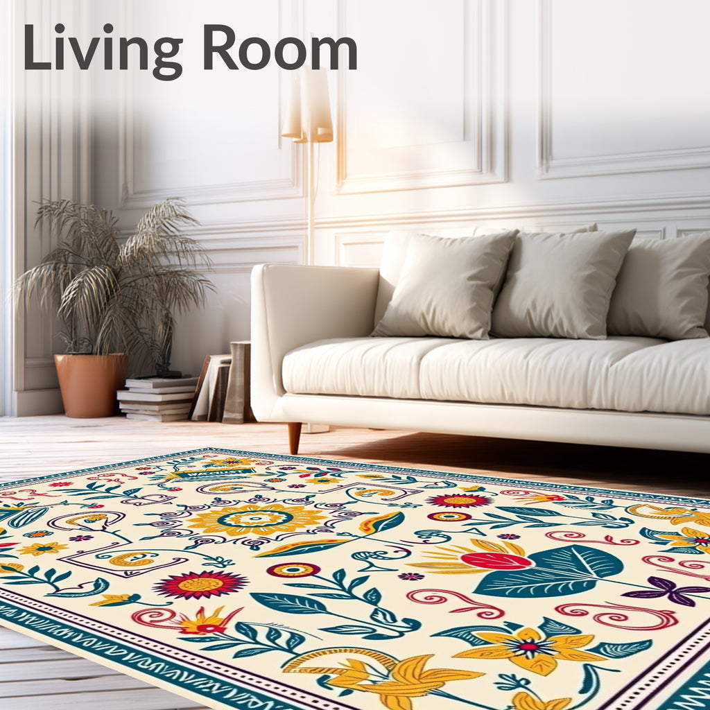 Yellow Red Blue Floral Folk Art Rug