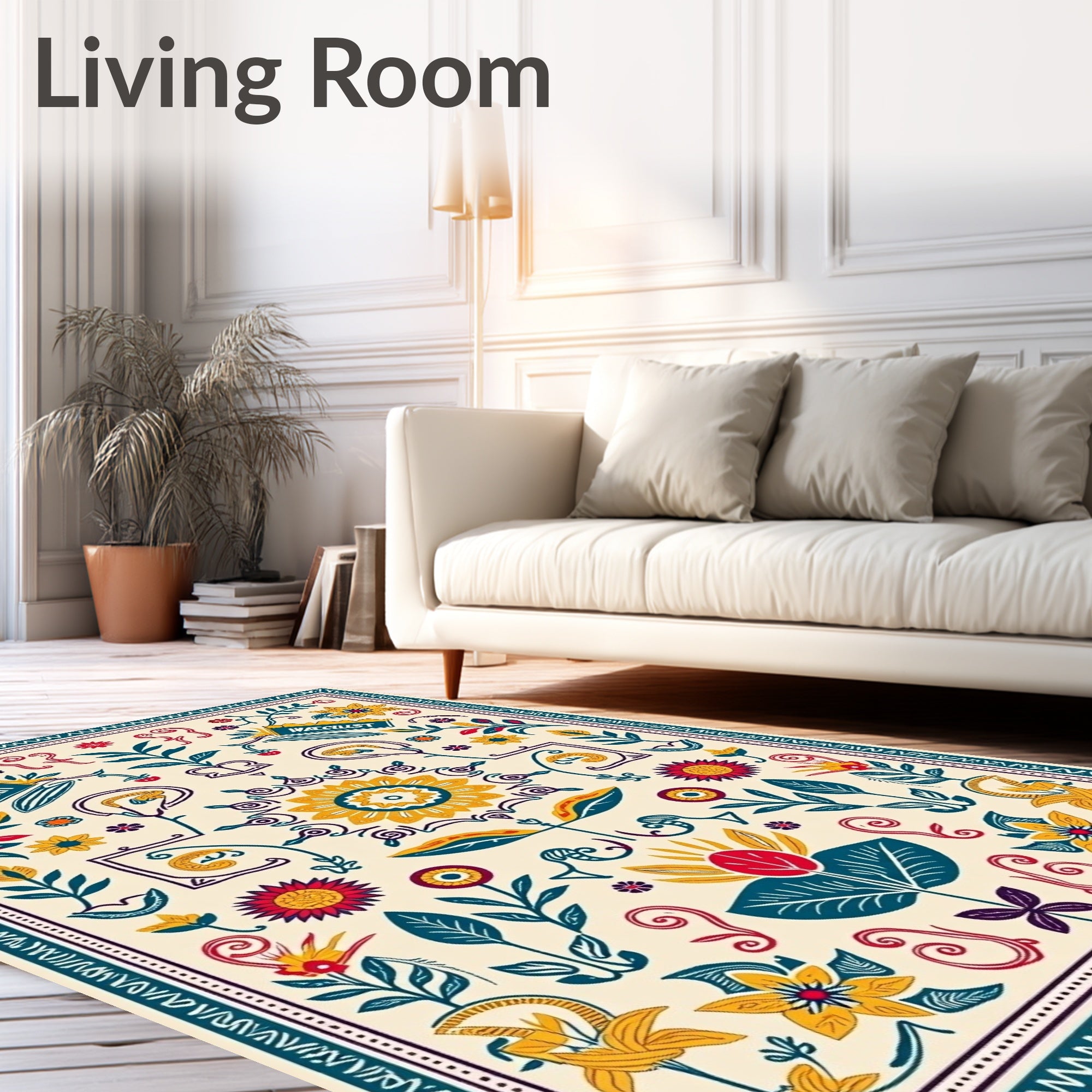Yellow Red Blue Floral Folk Art Rug