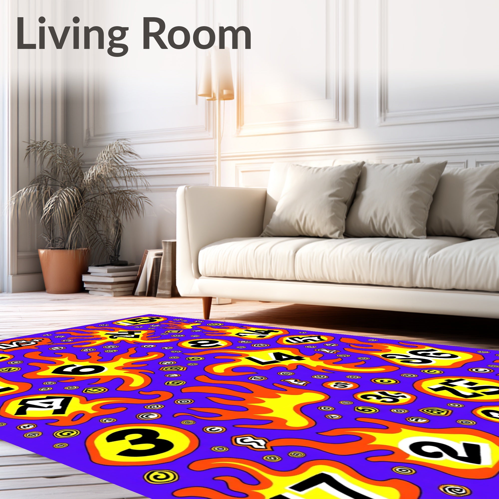Bold Yellow Flames Number Collage Rug