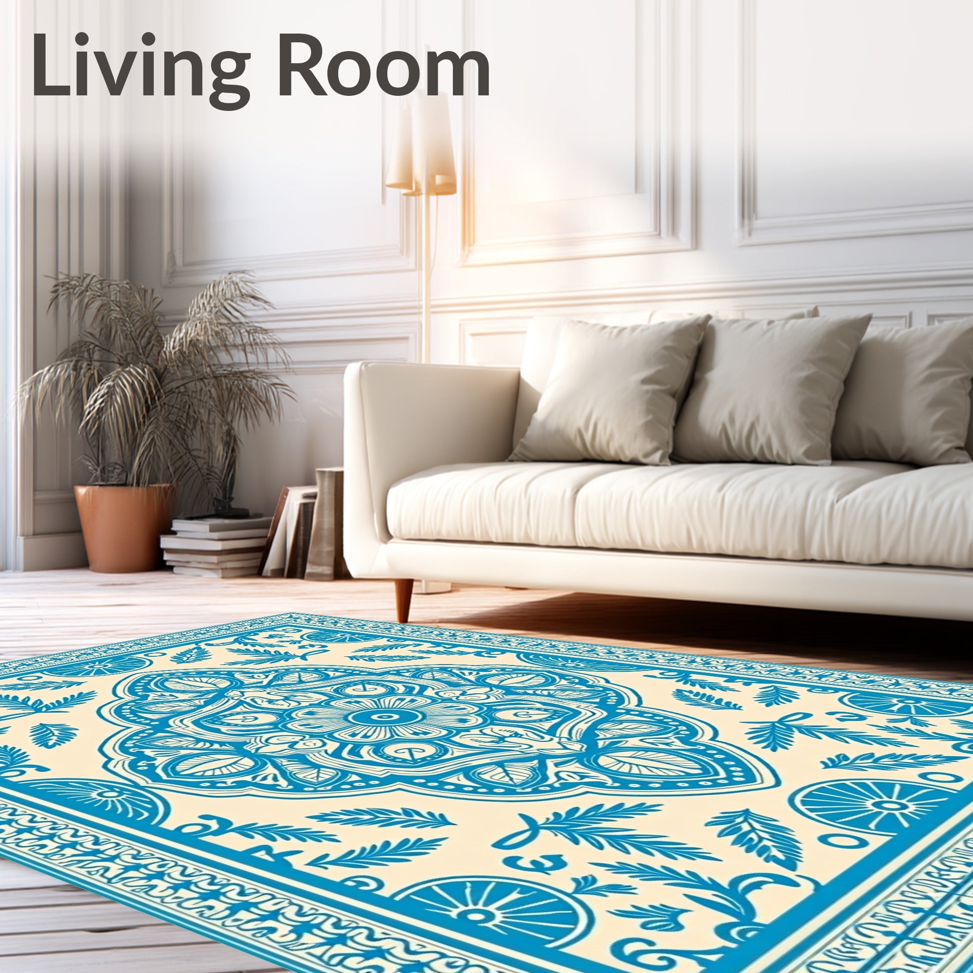 Blue Floral Medallion Cream Rug