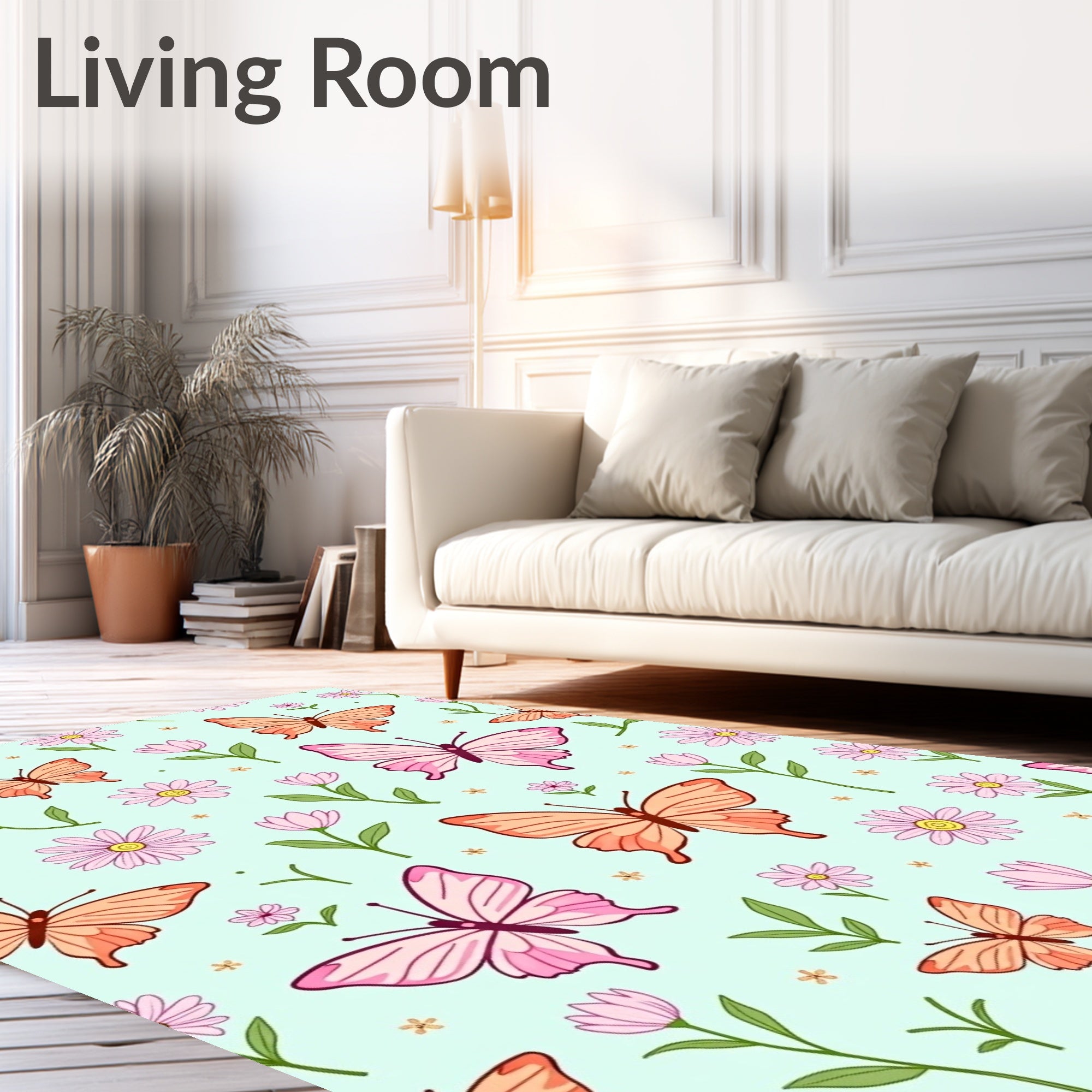 Whimsical Pink Orange Butterfly Garden Rug