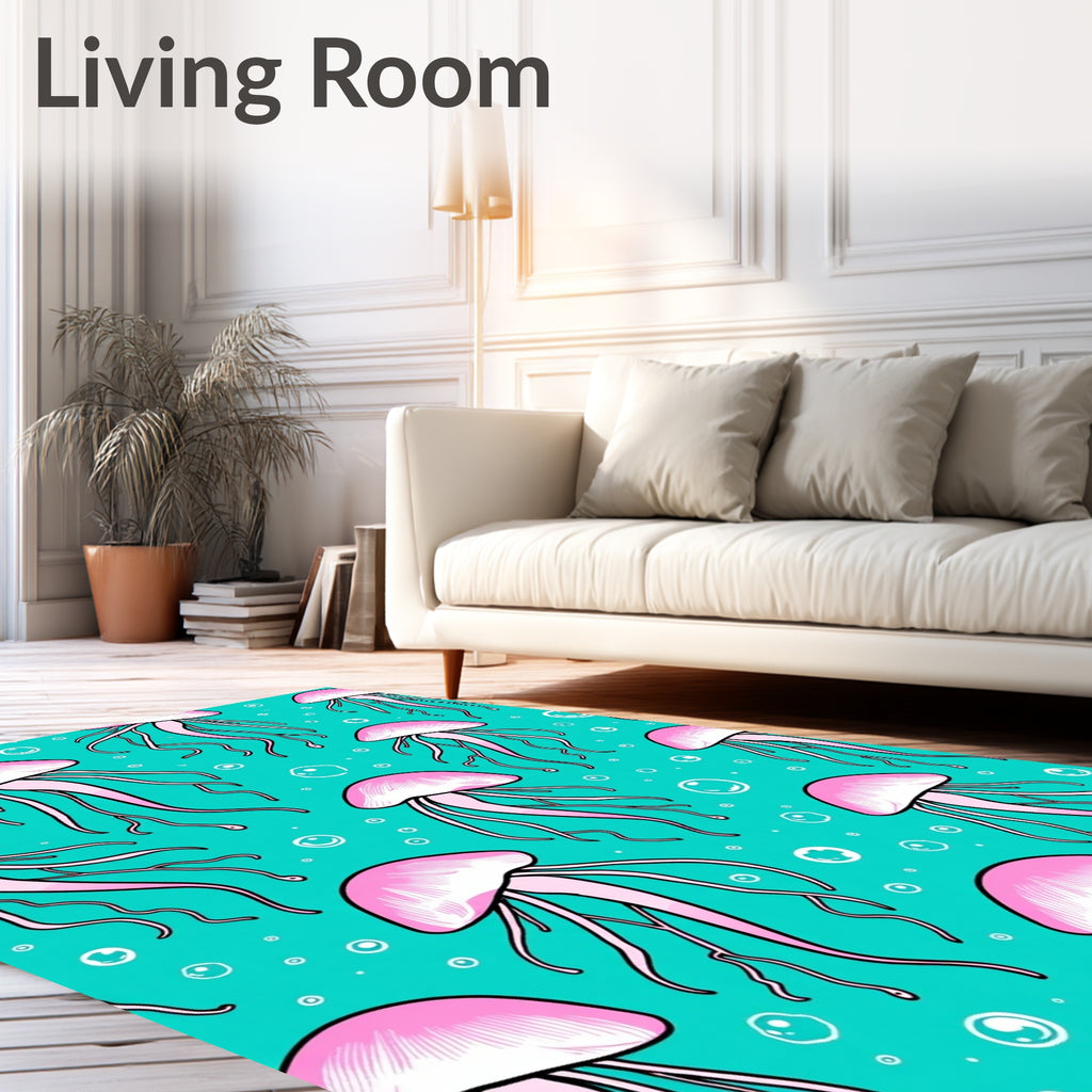 Pink Jellyfish Teal Bubbles Ocean Rug