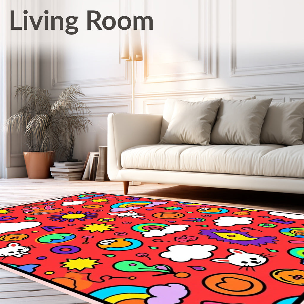 Whimsical Red Cartoon Friends Rainbow Rug