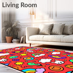 Whimsical Red Cartoon Friends Rainbow Rug