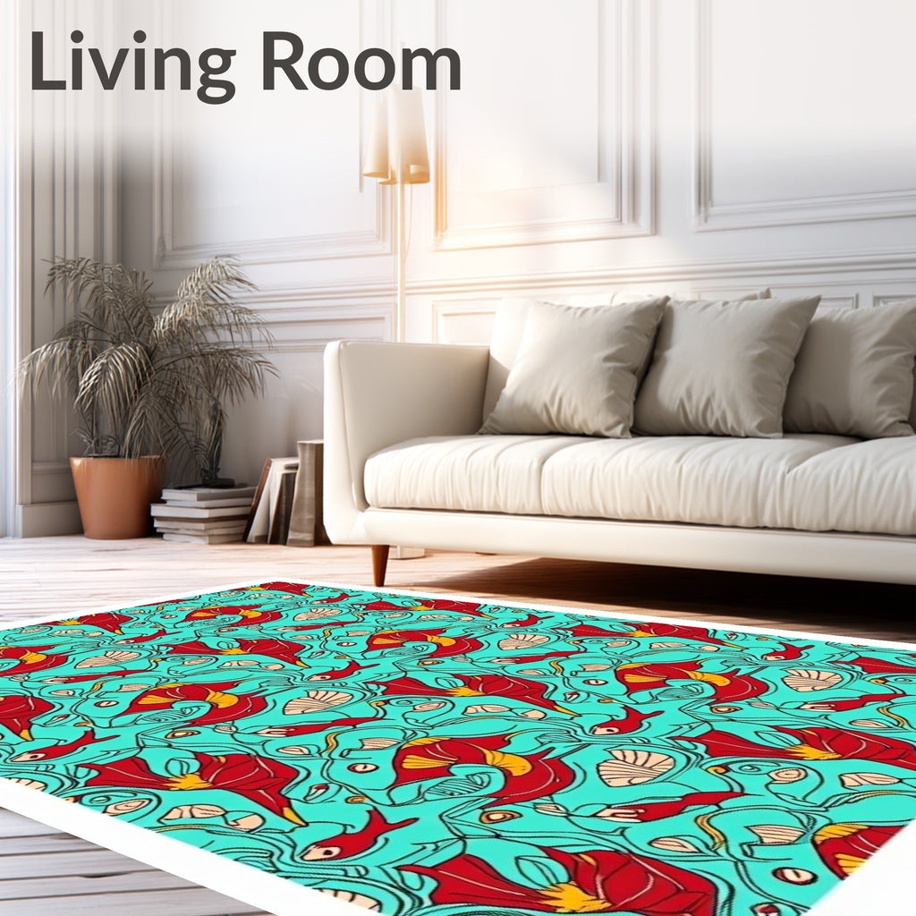 Art Nouveau Red Floral Teal Swirling Fish Rug